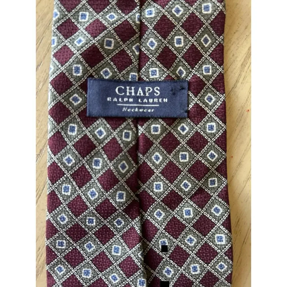 VTG Ralph Lauren Silk Tie Ivy League Geometric diamond square motif Burgundy USA